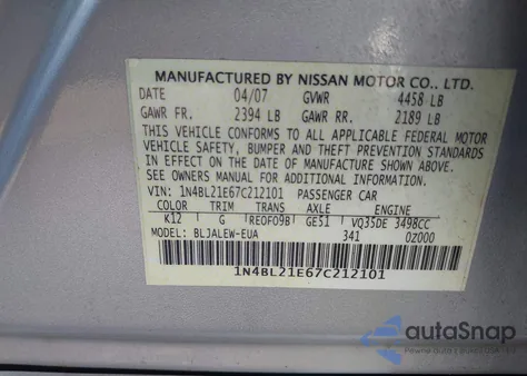 2007 Nissan Altima 3.5 Sl from USA, damaged, VIN 1N4BL21E67C212101